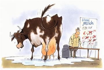 Der Niedergang des Milchpreises – so wie in dieser Karikatur verdeutlicht – treibt auch den Bauern im Cuxland die Sorgen ins Gesicht.