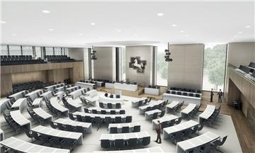 Der Plenarsaal des Landtages wird derzeit umgebaut. Die Grafik zeigt, wie er aussehen soll, wenn der neue Landtag nach der Wahl zusammenkommt.