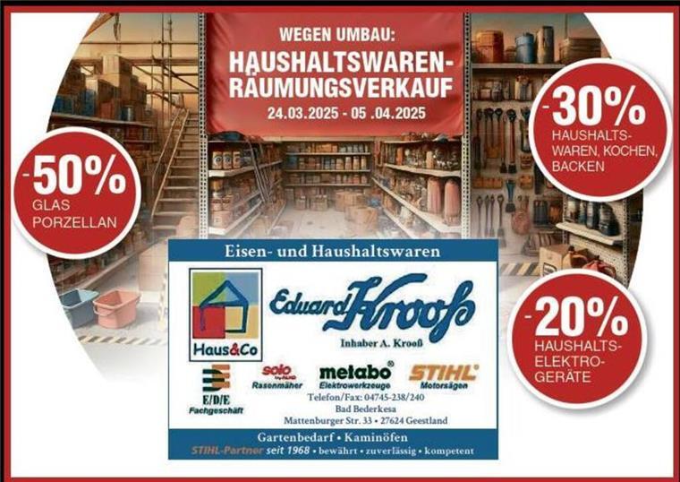 Krooß in Bederkesa: Räumungsverkauf der Haushaltswaren beginnt Räumungsverkauf