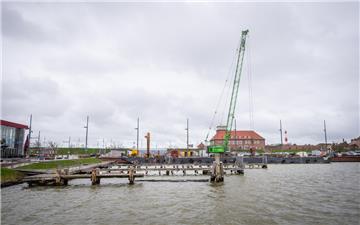 Der Seilbagger steht auf einem Arbeitsponton. Von dort aus wird er die alten Pfähle der Steganlage aus dem Boden rütteln.