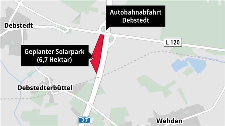 Der Solarpark soll westlich der A 27, zwischen der Abfahrt und dem Debstedter Gewerbegebiet, entstehen.