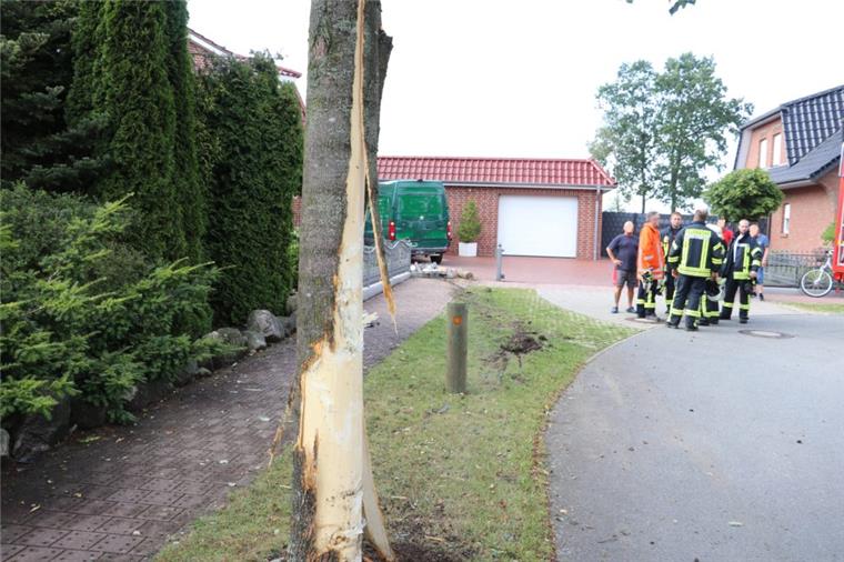 Spaden: Transporter prallt gegen Baum und Garagentor Der Transporter prallte mit der Seite gegen den Baum.