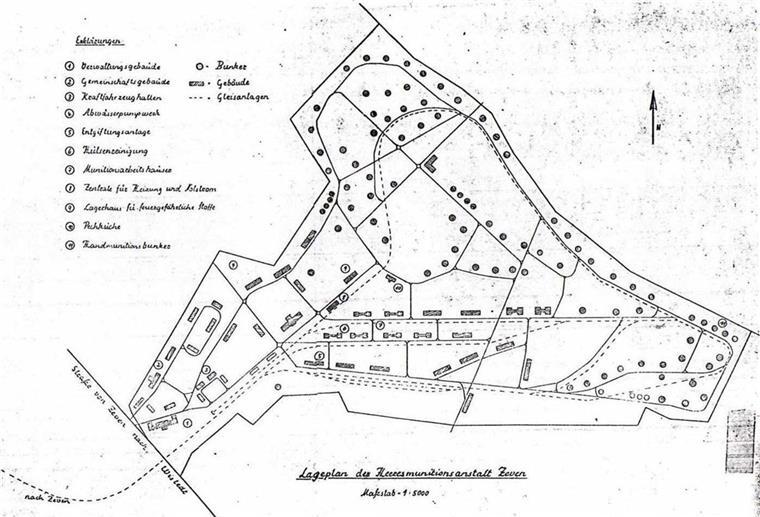 Ein Lageplan zeigt den Standort von Gebäuden und Bunkern auf dem Gelände der ehemaligen Munitionsanstalt Zeven-Aspe