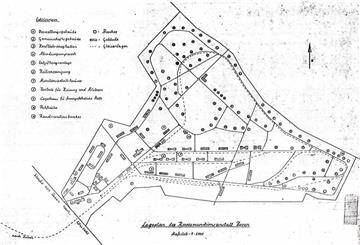 Ein Lageplan zeigt den Standort von Gebäuden und Bunkern auf dem Gelände der ehemaligen Munitionsanstalt Zeven-Aspe