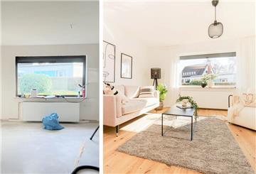Eine Fotocollage, auf der ein Zimmer vor und nach dem Home Staging zu sehen ist.