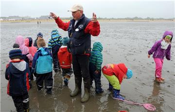 Der Wattführer vom "Blauen Klassenzimmer", Günther Kruggel, führt eine Kindergartengruppe aus Hemmoor vor dem Strand von Döse in Cuxhaven durch das Watt.