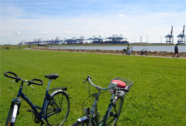 Der Weser-Radweg führt auch am Container-Terminal in Bremerhaven vorbei.