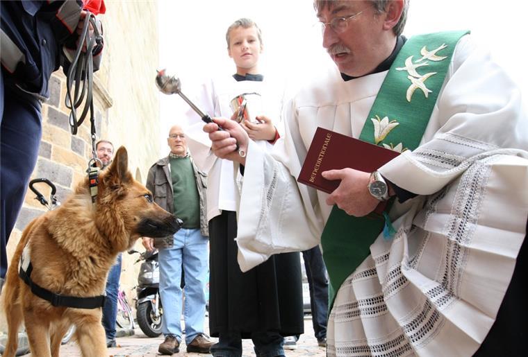 Diakon segnet Haustiere vor dem Osnabrücker Dom Diakon segnet Schäferhund