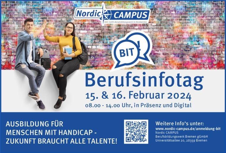 Berufsinfotag 2024 beim Nordic CAMPUS in Bremen am 15. & 16. Februar 2024 Bildkomposition zwei Studenten sitzen auf einer Mauer und geben sich High Five