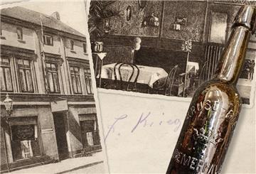 Eine Bierflasche mit der Aufschrift Kruse-Bier und die Außenansicht des Wirthauses "Zum Nordpol" aus den 1920er Jahren in Bremerhaven.