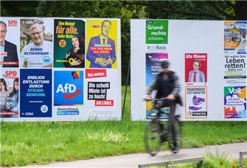Ein Radfahrer vor zahlreichen Wahlplakaten.