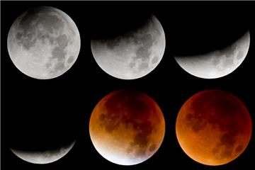 Die Bildkombo zeigt von links oben nach rechts unten die verschiedenen Phasen der totalen Mondfinsternis.