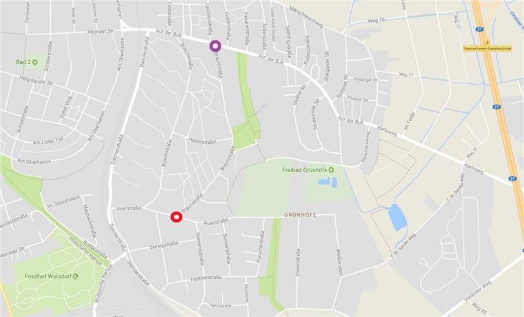 Grünhöfe: Braunstraße wird ab Freitag voll gesperrt Die Braunstraße in Grünhöfe wird ab Freitag zwischen Auf der Bult (lila Markierung) und Auerstraße (rote Markierung) gesperrt.