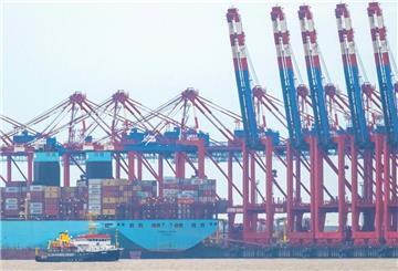 Schiffe liegen am Container-Terminal Bremerhaven.