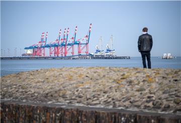Ein Spaziergänger schaut vom Deich aus auf den Jade-Weser-Port.