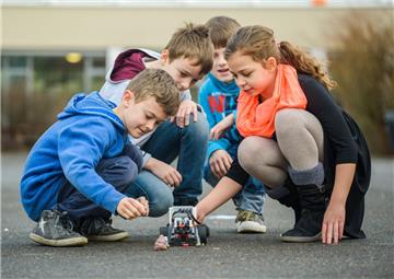 Die Drittklässler Noah Stürmer (von links), Benjamin Brändlein, Jeremias Tuschinski und Moesha Miller führen den selbst entwickelten Roboter "Schwein-Robo" vor. Mit dem Roboter, der Hundehaufen wegräumt, haben die Drittklässler der Schweinfurter Auenschule den ersten Platz des "Weltretter-Wettbewerbs" gewonnen.