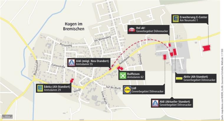 Die Einkaufslandschaft in Hagen steht vor Veränderungen. Die Politik prüft, ob sie grünes Licht für einen Aldi-Umzug zum Standort Amtsdamm 55 gibt. Das E-Center soll erweitert werden.