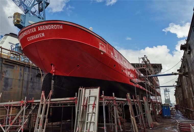 Das Feuerschiff „Elbe 3“ aus dem Bestand des Deutschen Schifffahrtsmuseums in Bremerhaven liegt im Dock der Bredo-Werft. Die Arbeiten sind bald abgeschlossen. 