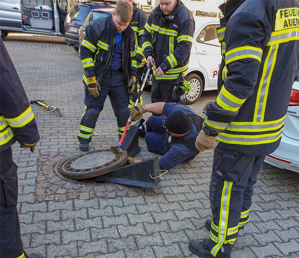 Die Feuerwehr Bensheim-Auerbach rettete eine Ratte, die in einem Kanaldeckel fes...