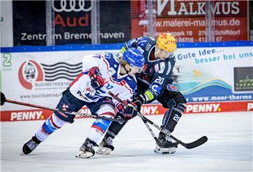Die Fischtown Pinguins (links Simon Stowasser) zeigten gegen die Adler Mannheim ein gutes Spiel.