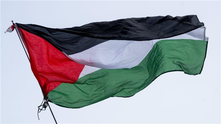 Die Flagge von Palästina wird bei einer propalästinensischen Kundgebung geschwenkt.