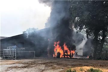Die Flammen des brennenden Traktors griffen auf den Stall über. 