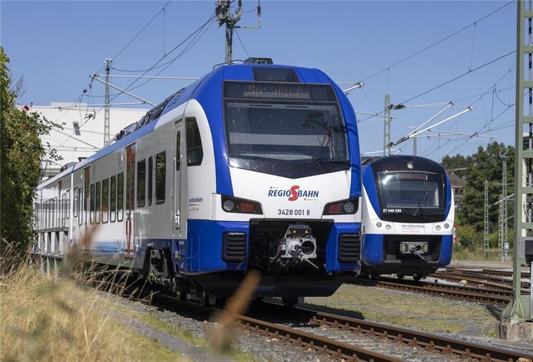 Zwei Züge stehen auf Gleisen