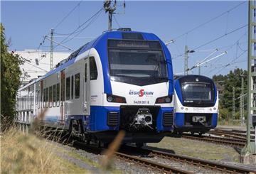 Zwei Züge stehen auf Gleisen