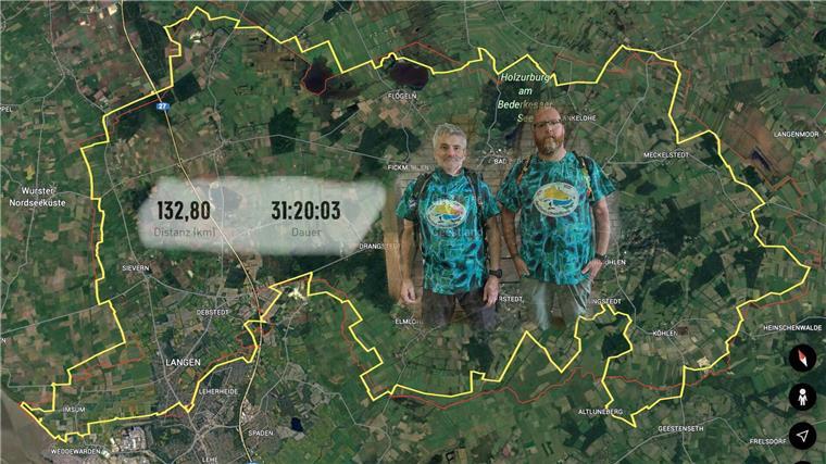 Geestlandumwanderung geschafft: 132 Kilometer in 31 Stunden Die Wanderstrecke von zwei Männern digital aufgezeichnet.