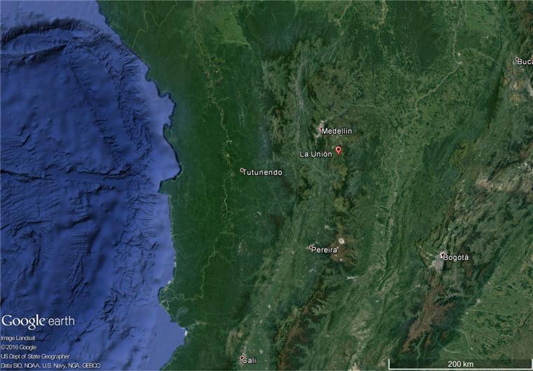 Kolumbien: Flugzeug mit Erstliga-Team bei Absturz an Bord Die Google-Maps-Luftaufnahme zeigt die Region um die Stadt La Unión (Kolumbien). Dort soll ein Flugzeug mit mehr als 80 Menschen an Bord abgestürzt sein.