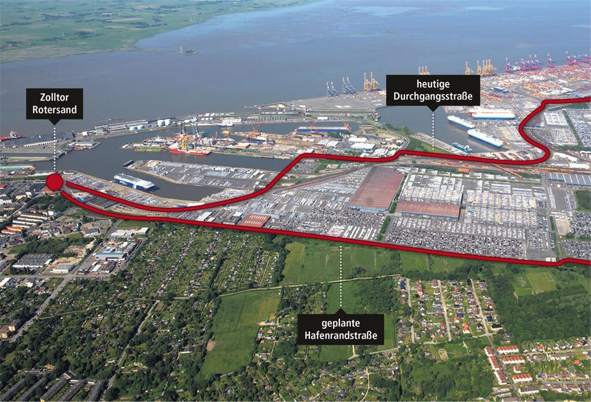Express-Weg zum Zolltor Rotersand: So steht es um Bremerhavens Hafenrandstraße Luftbild vom Hafen mit roten Einzeichnungen