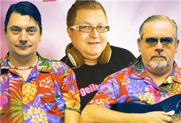 Drei Musiker, zwei in Hawaiihemden, auf einem Foto