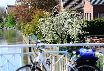 Ein Fahrrad steht auf einer Brücke.
