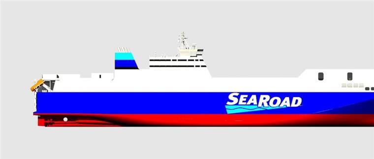 Die Illustration einer Frachtfähre im "Seitenprofil". Die neue RoRo-Frachtfähre für SeaRoad entsteht in Flensburg. Das LNG-betriebene Schiff wird 2026 auf der Bass-Straße zwischen Tasmanien und dem australischen Festland in Dienst gestellt. 
