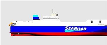 Die Illustration einer Frachtfähre im "Seitenprofil". Die neue RoRo-Frachtfähre für SeaRoad entsteht in Flensburg. Das LNG-betriebene Schiff wird 2026 auf der Bass-Straße zwischen Tasmanien und dem australischen Festland in Dienst gestellt. 