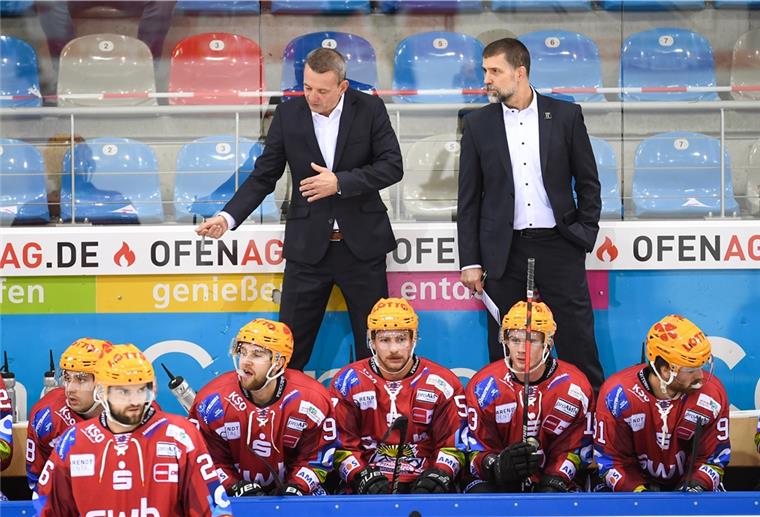 Alle Tore im Video: Pinguins gewinnen in Düsseldorf Die Pinguins-Trainer Thomas Popisch (links) und Martin Jiranek feierten mit ihre Team den nächsten Sieg.