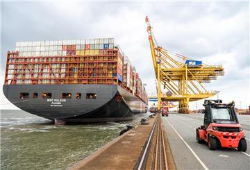 Containerschiff legt an der Stromkaje an.