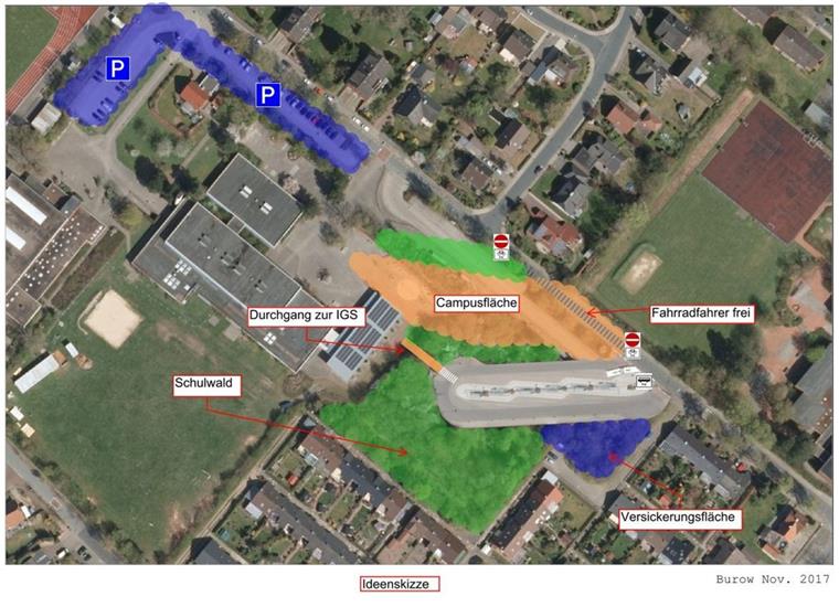 Die Skizze zeigt den gesperrten Bereich der Kanalstraße, die Lage des Busbahnhofs im Schulwald und die der Verbindung von IGS und Grundschule dienende Campusfläche. Auf der östlich anschließenden Freifläche soll die Grundschule gebaut werden.