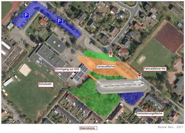 Die Skizze zeigt den gesperrten Bereich der Kanalstraße, die Lage des Busbahnhofs im Schulwald und die der Verbindung von IGS und Grundschule dienende Campusfläche. Auf der östlich anschließenden Freifläche soll die Grundschule gebaut werden.