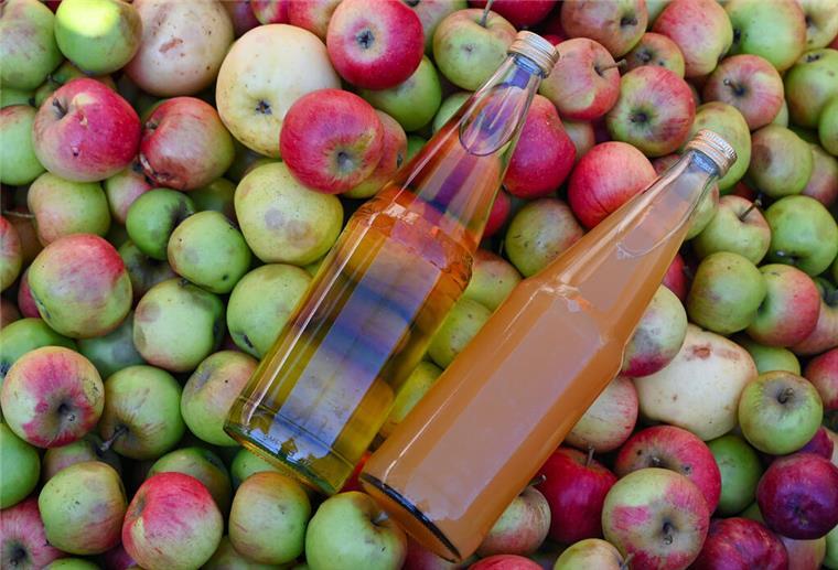 In einer Mosterei liegen zwei Flaschen mit klarem und naturtrüben Apfelsaft auf Äpfeln.