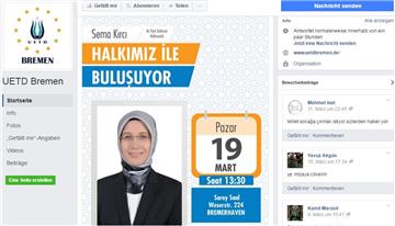 Die UETD Bremen bewirbt den Auftitt der AKP-Politikerin bei Facebook.