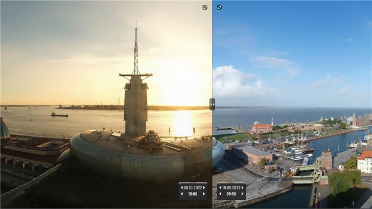 Zwei Aufnahmen einer Webcam von Bremerhaven werden verglichen. 