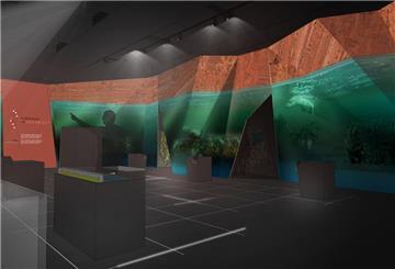Die Visualisierung zeigt einen Raum der geplanten Erlebnis-Ausstellung Bluehouse auf der Hochseeinsel Helgoland. Die Ausstellung soll neuer Anziehungspunkt auf der Nordseeinsel werden. Besucher können die Schönheit der Unterwasser-Natur bewundern und Einblicke in wissenschaftliche Arbeit bekommen.