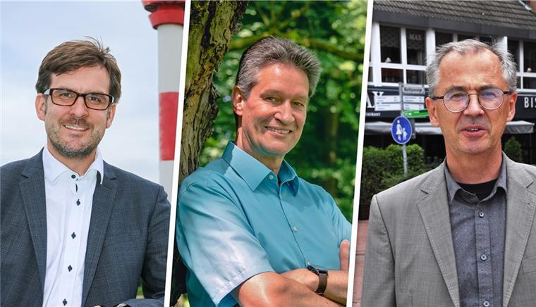 Diese drei wollen Nordenhamer Bürgermeister werden (von links): Nils Siemen, Tim Lorenz und Raoul Krippner. Am Freitag, 3. September, stellen sie sich in der Friedeburg den Fragen der KZW-Redaktion und des Publikums.