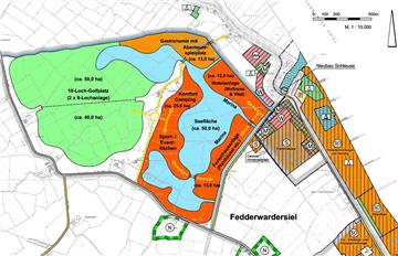 Diese Grafik zeigt das Konzept für einen möglichen Ferienpark in Fedderwardersiel. Durch eine neue Schleuse soll demnach der See im Mittelpunkt mit der Nordsee verbunden werden. An mehreren Flächen würden Boote anlegen können. Auch ein Golfplatz ist vorgesehen.