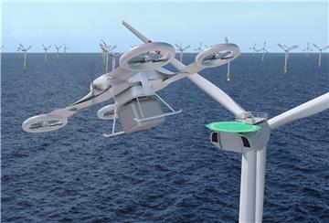 Diese Grafik zeigt, wie eine Offshore Logistik-Drohne eine Transportbox auf einer Windenergieanlage absetzen könnte.