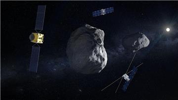 Diese Illustration zeigt links die europäische Raumsonde am Doppel-Asteroiden Dimorphos/Didymos.