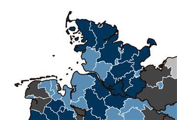 Diese Karte zeigt, wie das Regionalranking 2022 die Entwicklung der Regionen in Norddeutschland einstuft. Alle hellblauen Räume sind "Aufsteiger" - darunter Bremerhaven. Alle dunkelgrauen Regionen sind "Underperformer" - darunter Bremen.