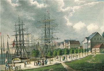 Lithografie zeigt den Alten Hafen in Bremerhaven um das Jahr 1845