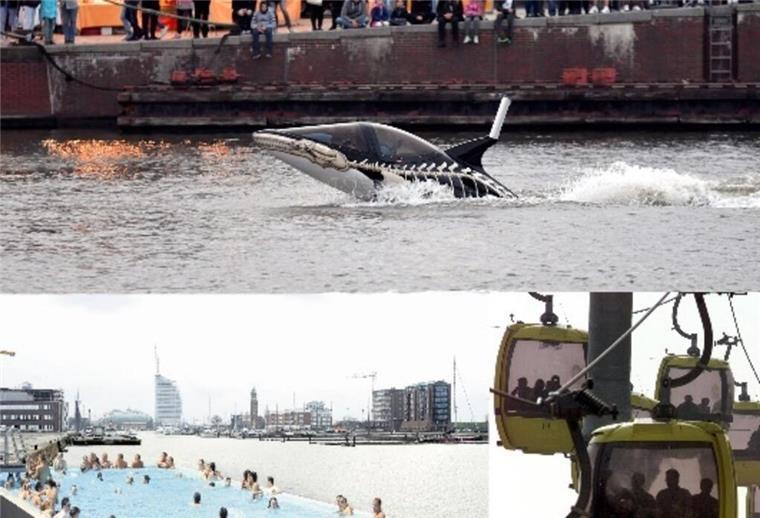 Diese Vorschläge sorgten in den vergangen 30 Jahren für Aufsehen (im Uhrzeigersinn): Mit dem Orca-Boot durch die Wellen tauchen, in der Seilbahn über die Stadt gleiten,  auf dem Badeschiff im Neuen Hafen entspannen. 